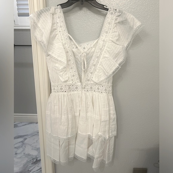 C&V Chelsea & Violet- Lace Square Neck Short Flutter Sleeve Tiered Mini Dress - Picture 4 of 9